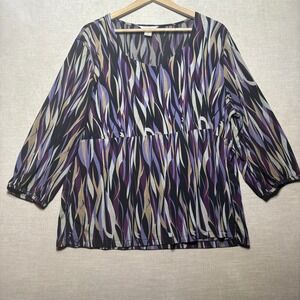 CJ Banks Artsy Abstract Blouse Tunic Top‎ V Neck 3/4 Sleeve Women Plus Size 1X